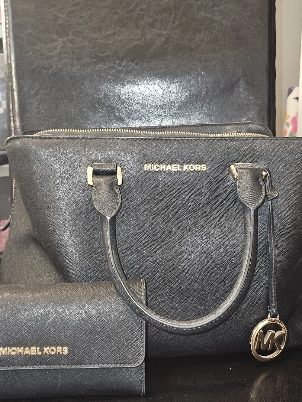 Michael Kors Black Saffiano Leather Tote with Wallet and MK Charm